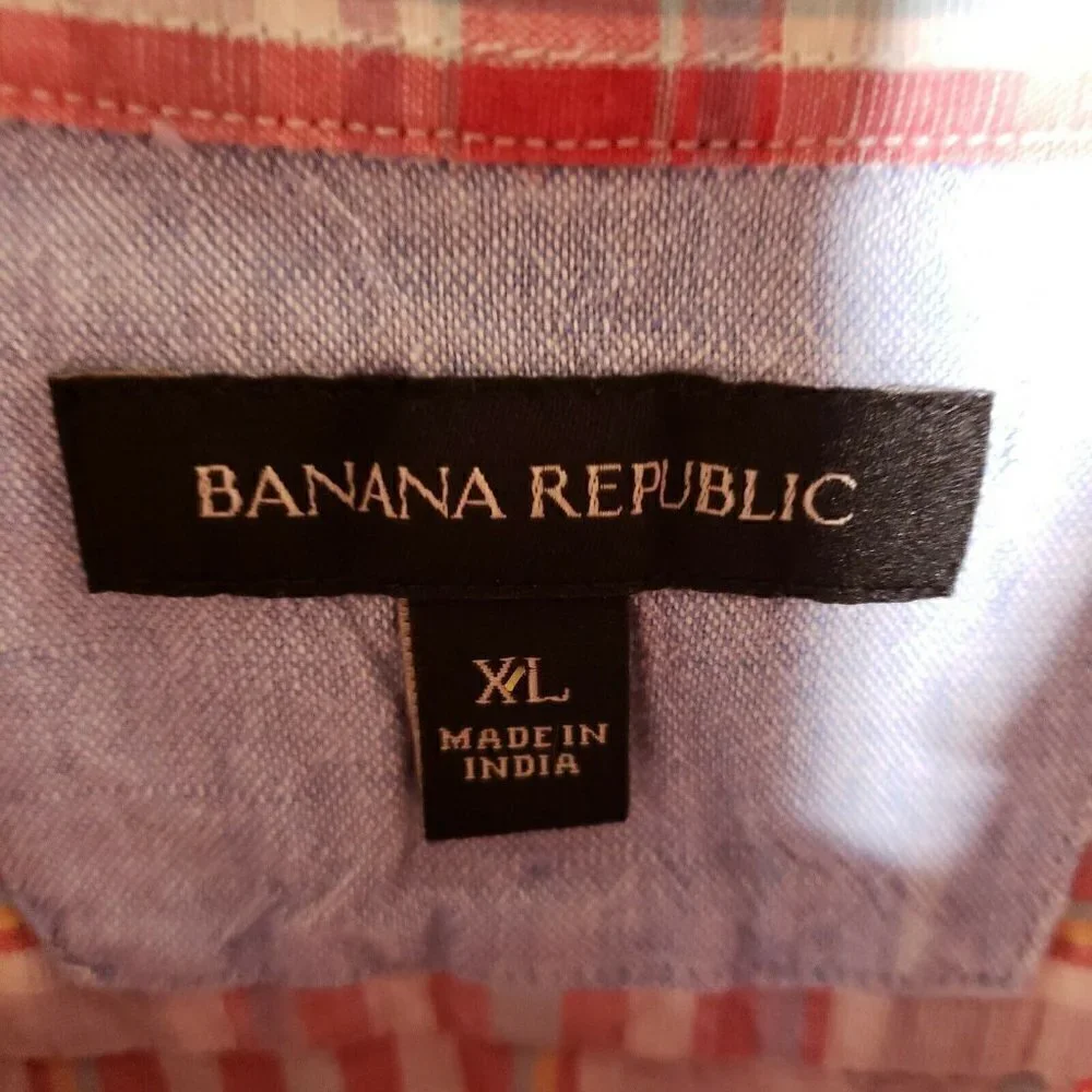 Banana Republic Mens Red Plaid Linen Blend Long Sleeve Button Down Shirt XL